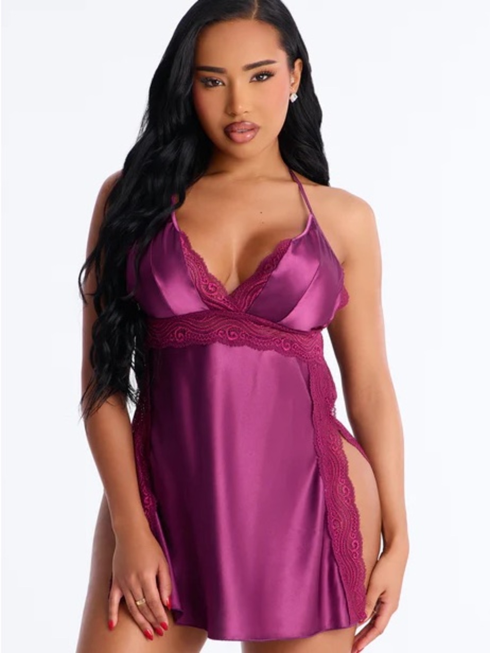 💲NWT Satin Lace Trim Chemise Nightdress in Berry